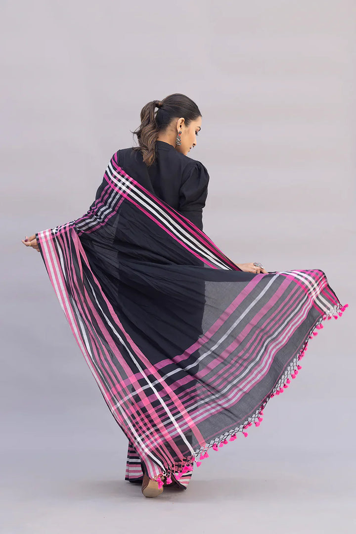 Handloom Black Pure Cotton Saree with Pink Stripes Border | SHOBITAM
