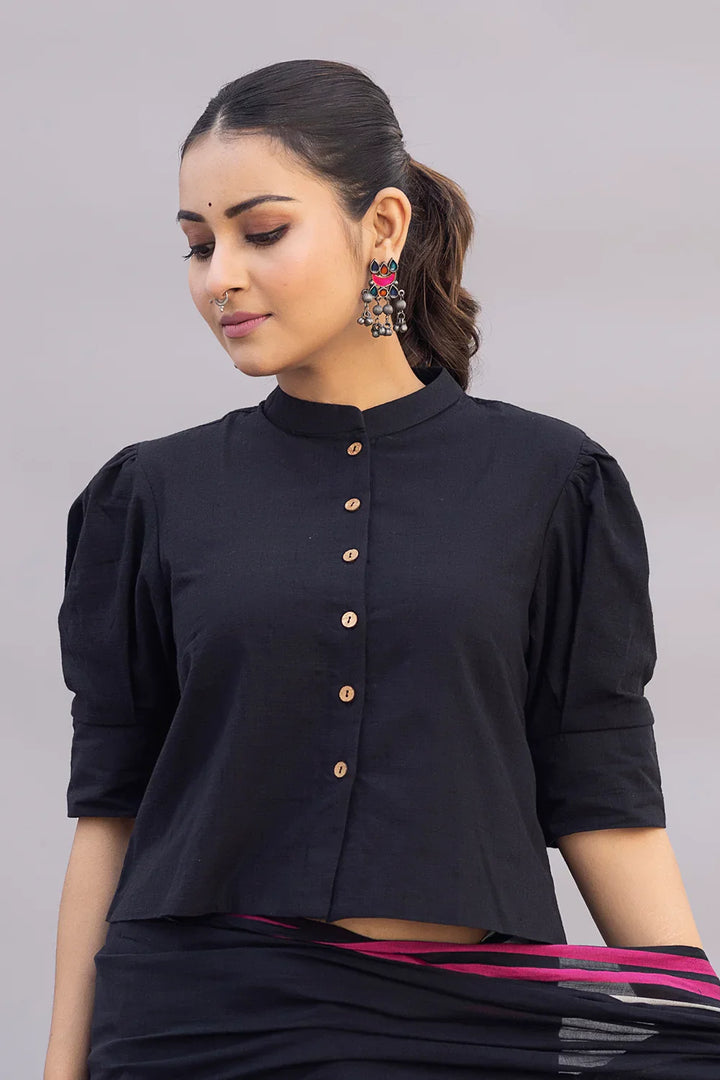 Komal Black Cotton Blouse | SHOBITAM