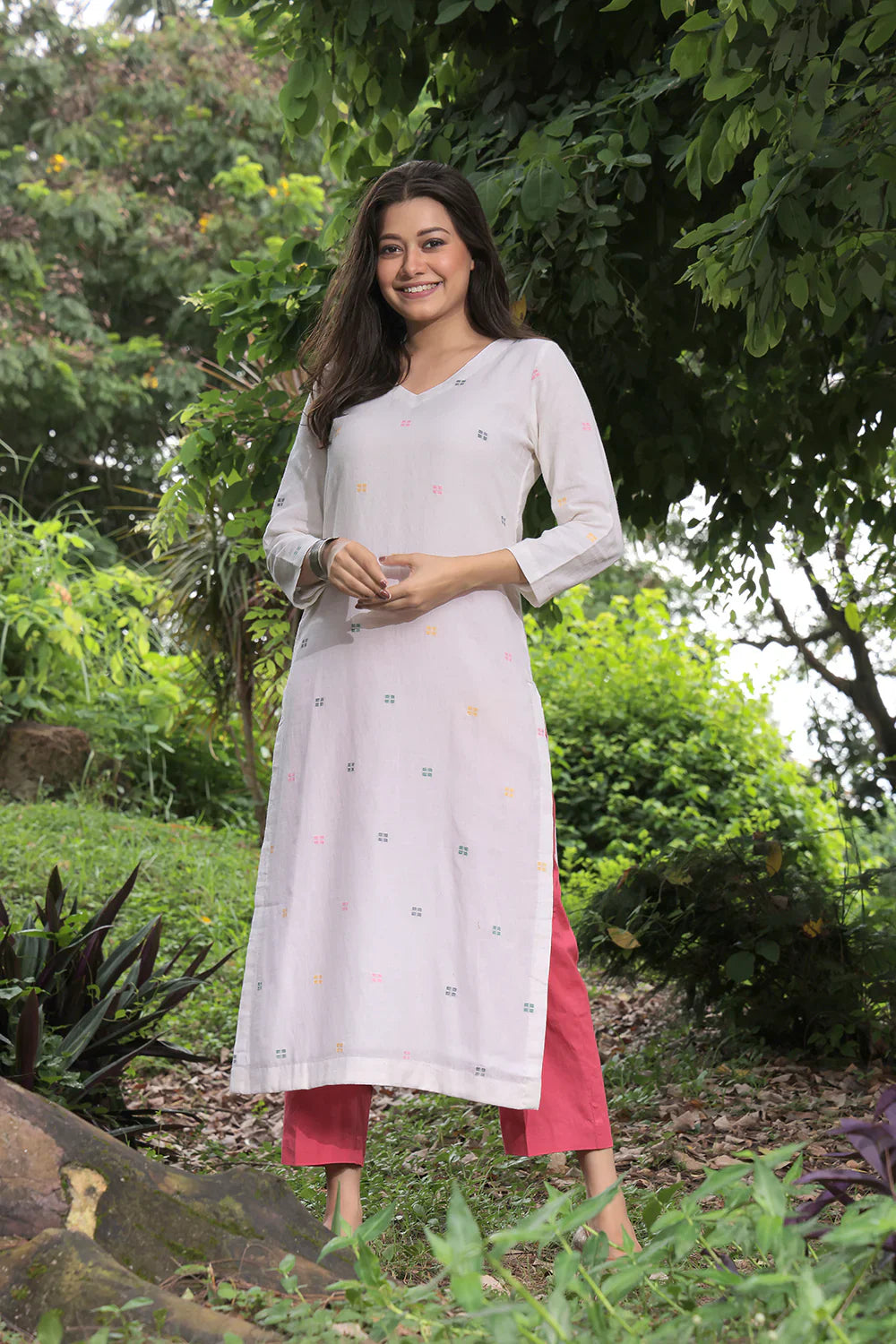 Handloom Off White Pure Cotton Square Jamdani Kurta Set With Dupatta | SHOBITAM