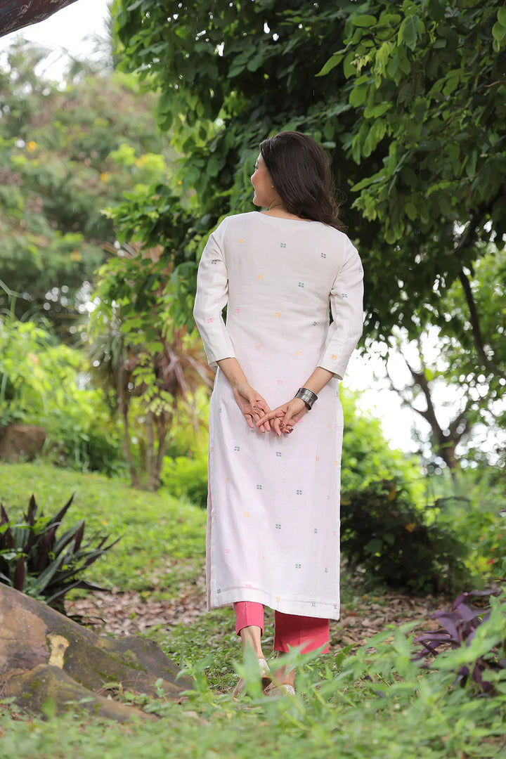Handloom Off White Pure Cotton Square Jamdani Kurta Set With Dupatta | SHOBITAM