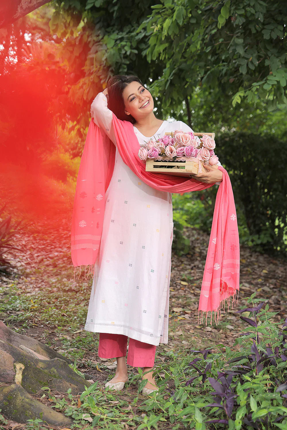 Handloom Off White Pure Cotton Square Jamdani Kurta Set With Dupatta | SHOBITAM