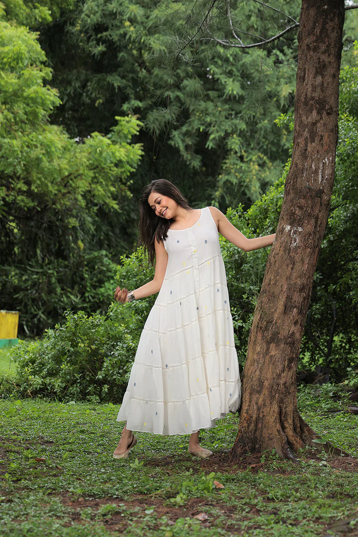 Off White Pearl Petals Jamdani Dress | SHOBITAM