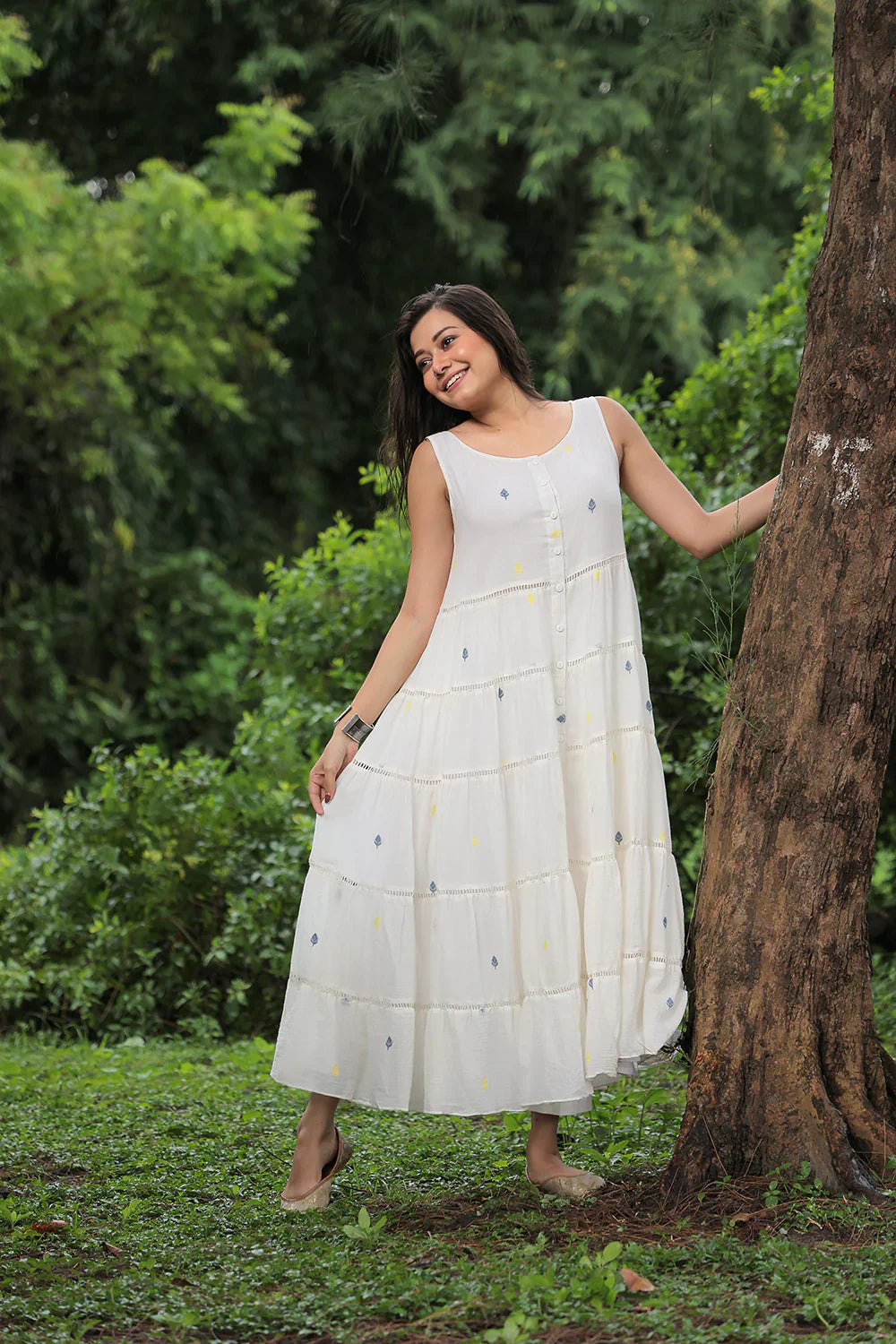 Off White Pearl Petals Jamdani Dress | SHOBITAM