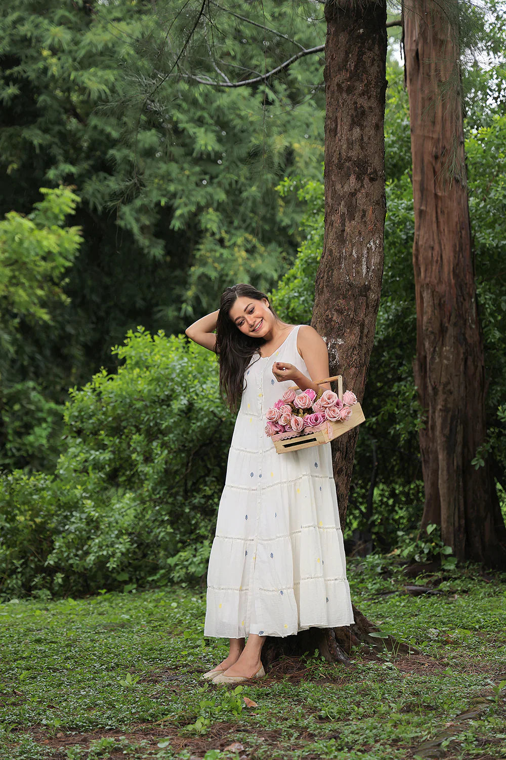 Off White Pearl Petals Jamdani Dress | SHOBITAM