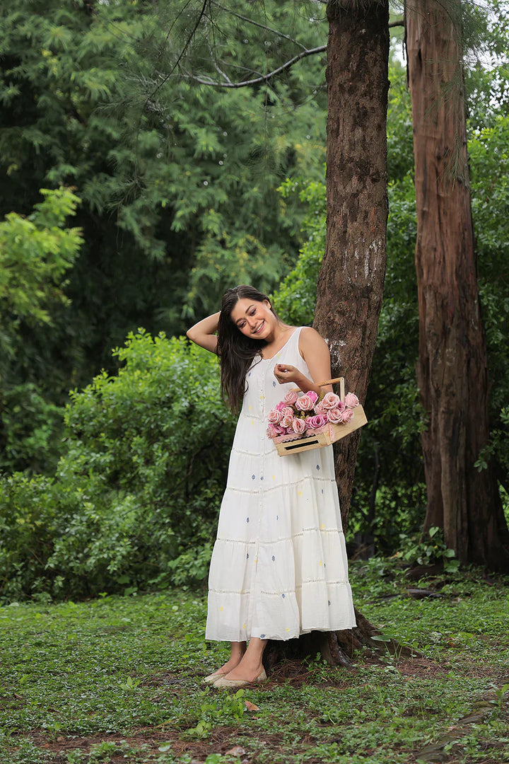 Off White Pearl Petals Jamdani Dress | SHOBITAM