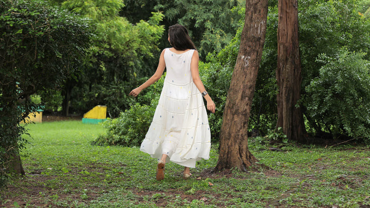 Off White Pearl Petals Jamdani Dress | SHOBITAM