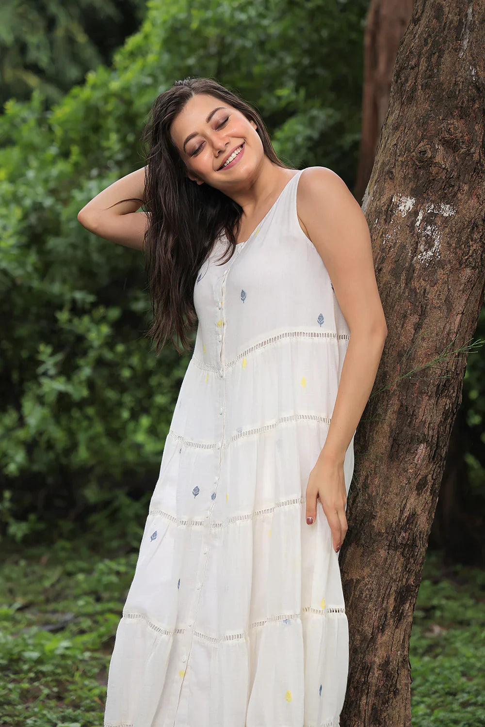 Off White Pearl Petals Jamdani Dress | SHOBITAM
