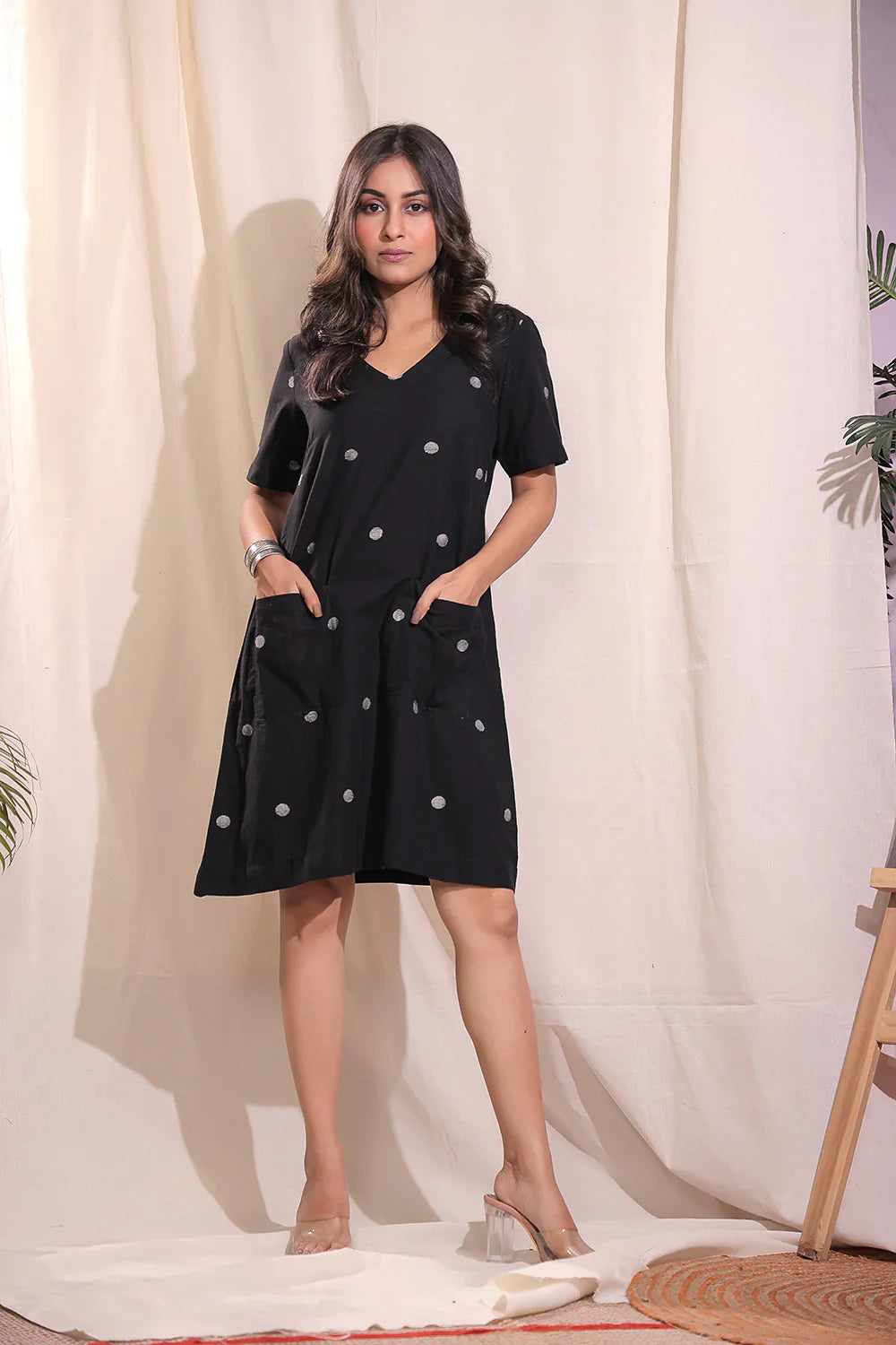 Midnight Dots Black Jamdani Dress | SHOBITAM