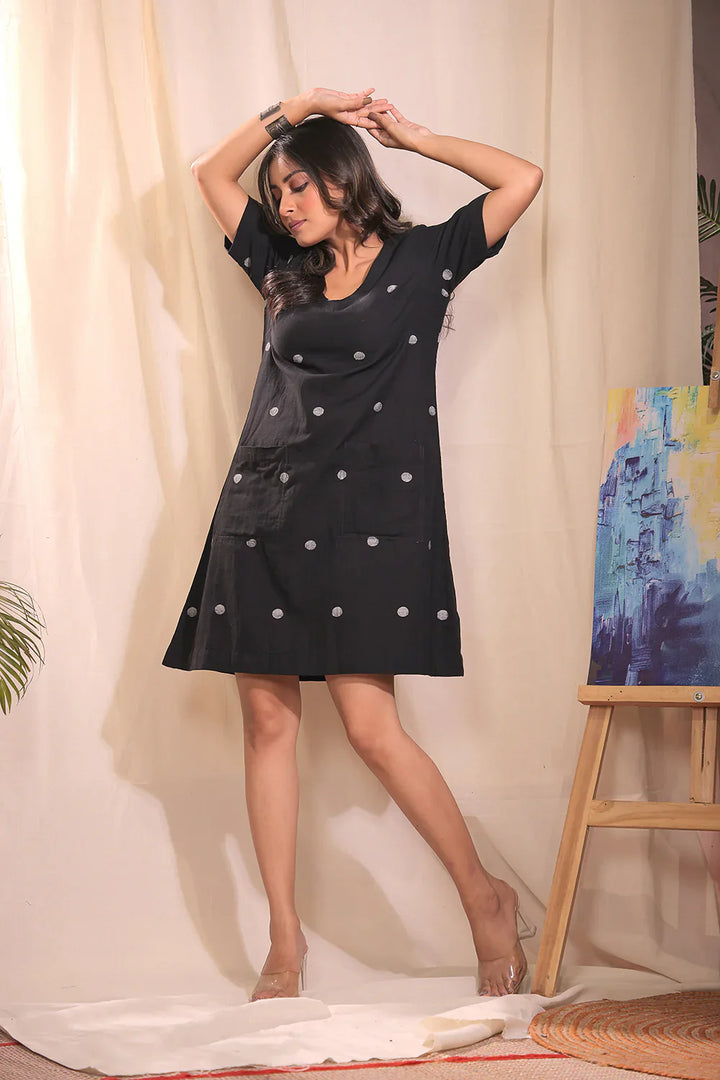 Midnight Dots Black Jamdani Dress | SHOBITAM