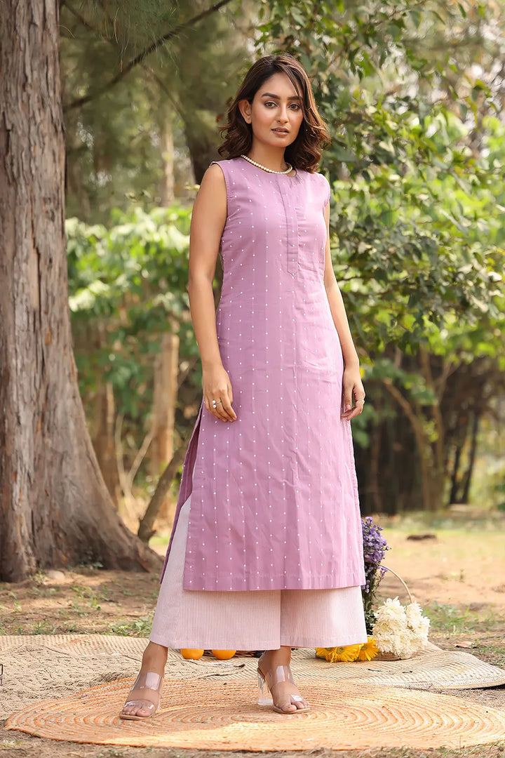 Lavender Pure Cotton White Polka Dots Co-ord Set | SHOBITAM