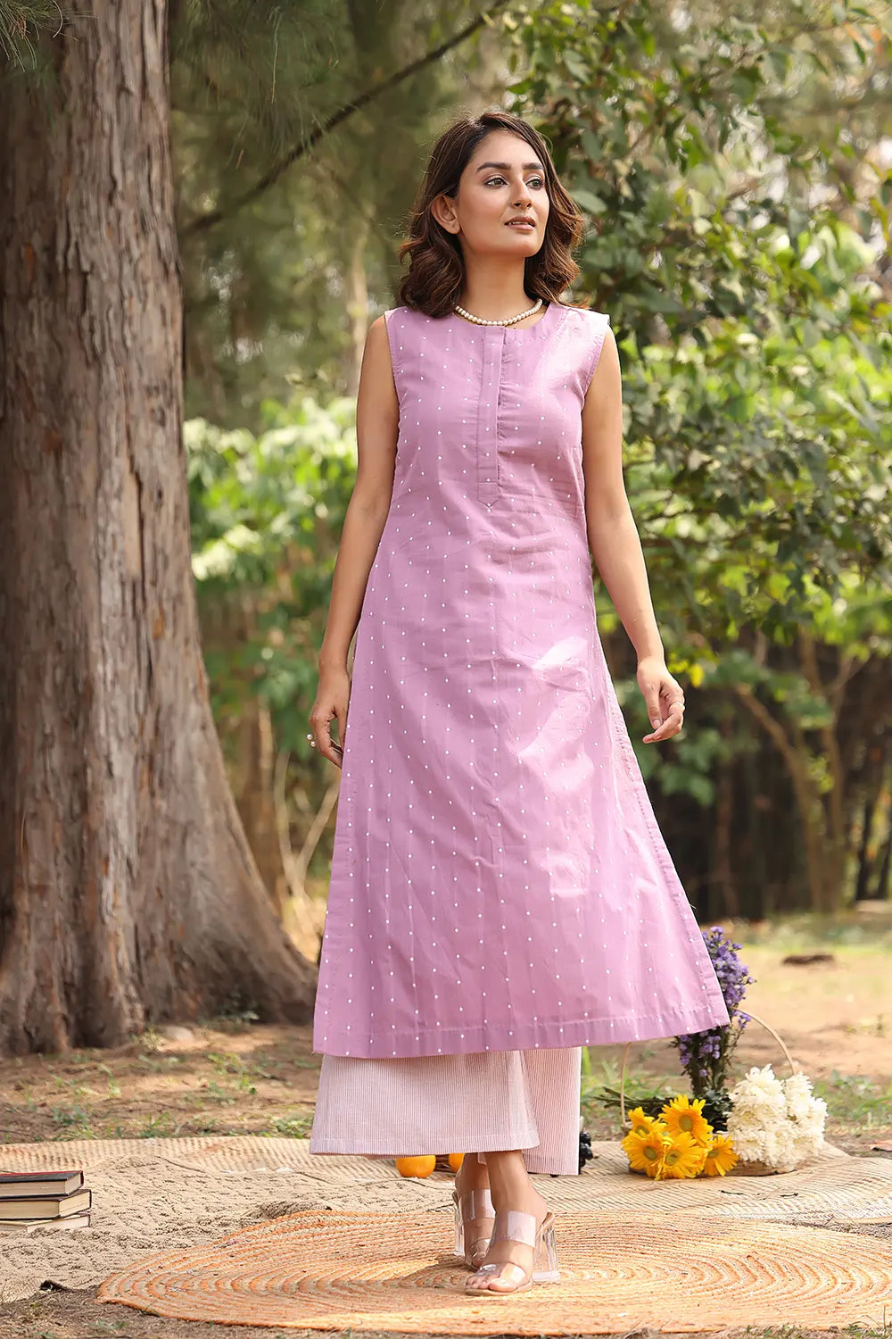 Lavender Pure Cotton White Polka Dots Co-ord Set | SHOBITAM
