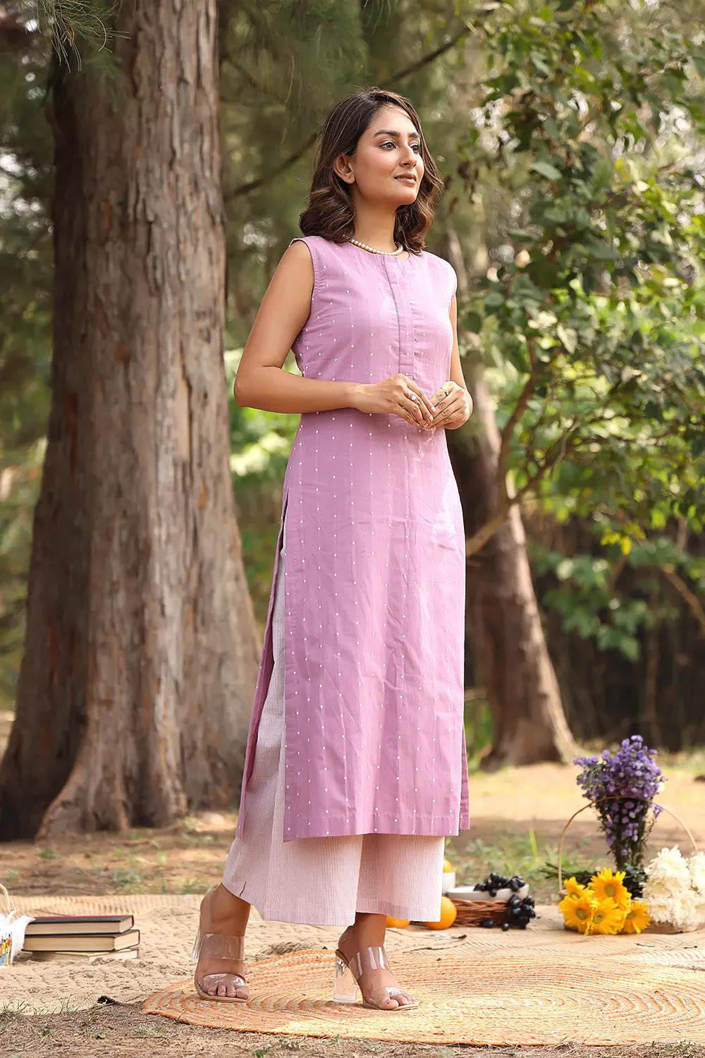 Lavender Pure Cotton White Polka Dots Co-ord Set | SHOBITAM