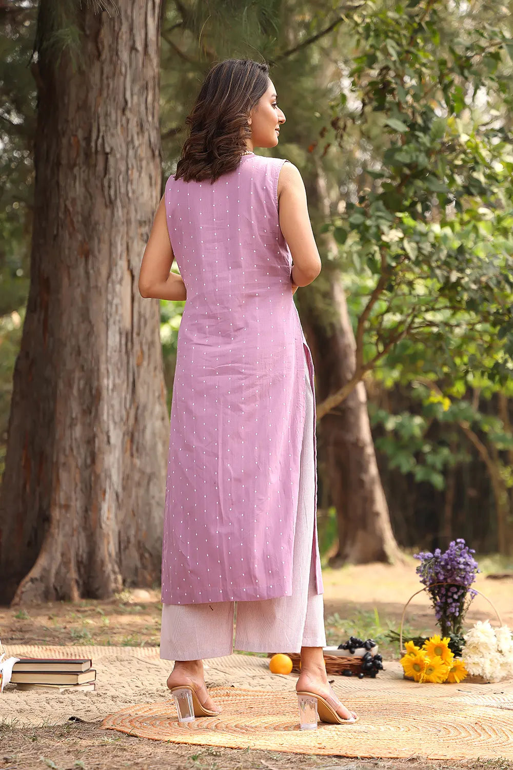 Lavender Pure Cotton White Polka Dots Co-ord Set | SHOBITAM