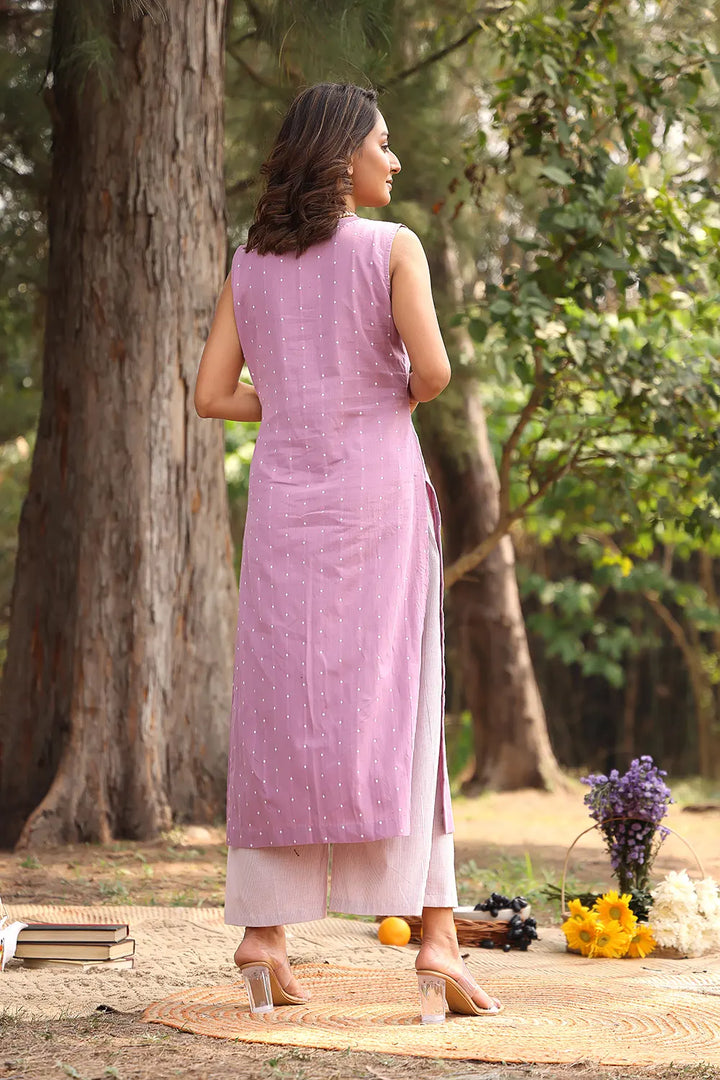 Lavender Pure Cotton White Polka Dots Co-ord Set | SHOBITAM