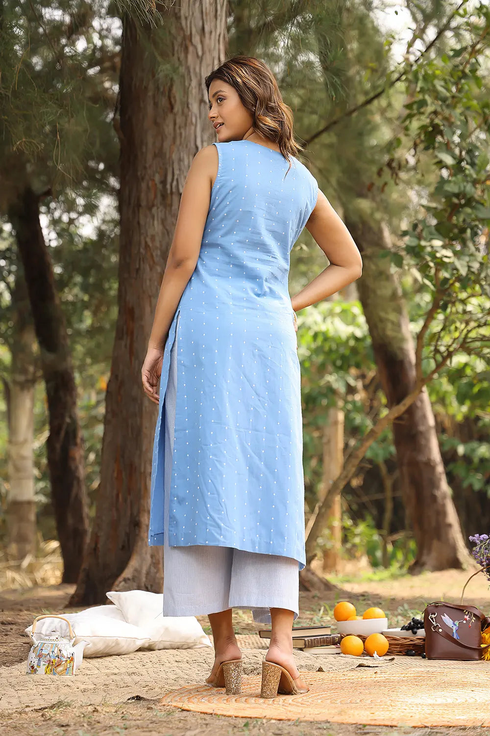 Sky Blue Pure Cotton White Polka Dots Co-ord Set | SHOBITAM
