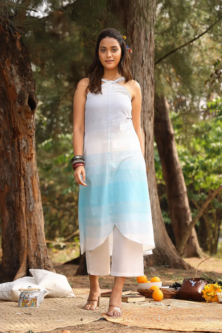White & Blue Stripes Pure Cotton Co-ord-Set | SHOBITAM
