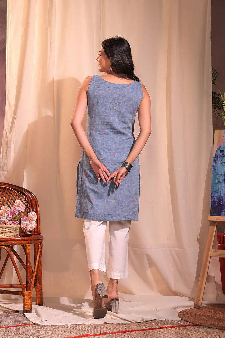 Handloom Blue Pure Cotton Mushroom Co-ord Set | SHOBITAM