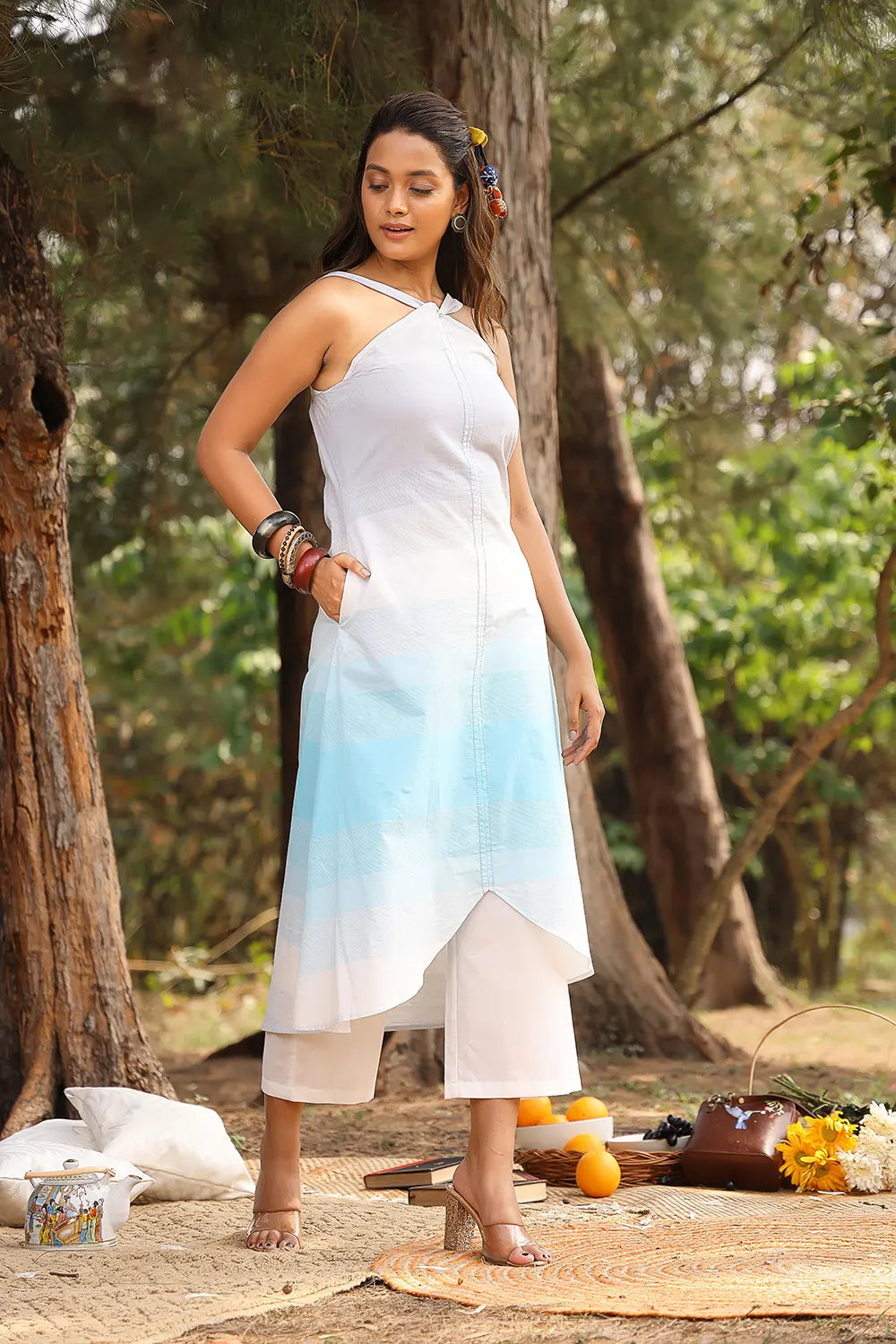 White & Blue Stripes Pure Cotton Co-ord-Set | SHOBITAM