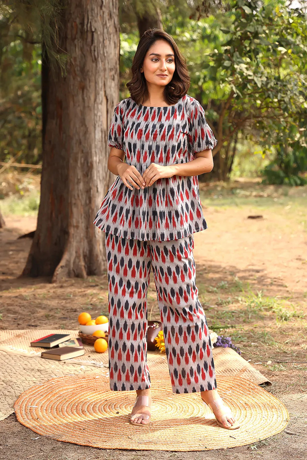 Red & Blue Pure Cotton Ikkat Co-ord Set | SHOBITAM