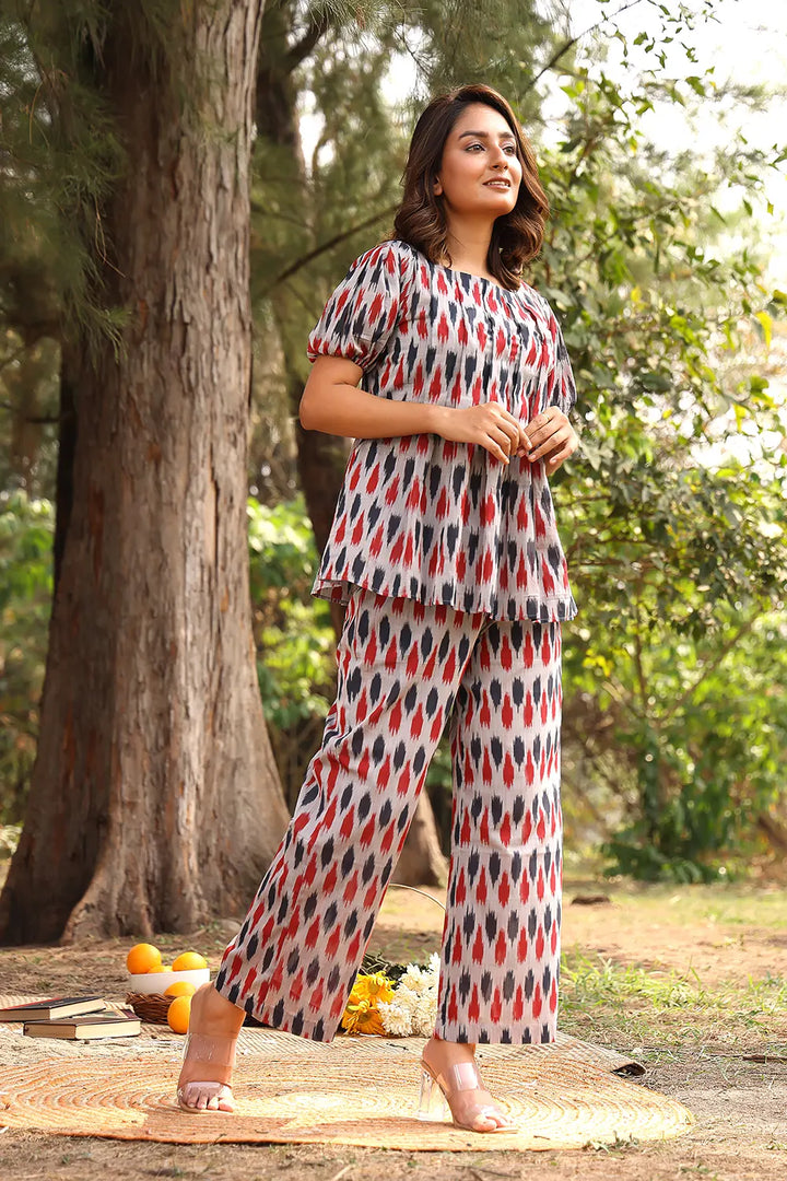Red & Blue Pure Cotton Ikkat Co-ord Set | SHOBITAM