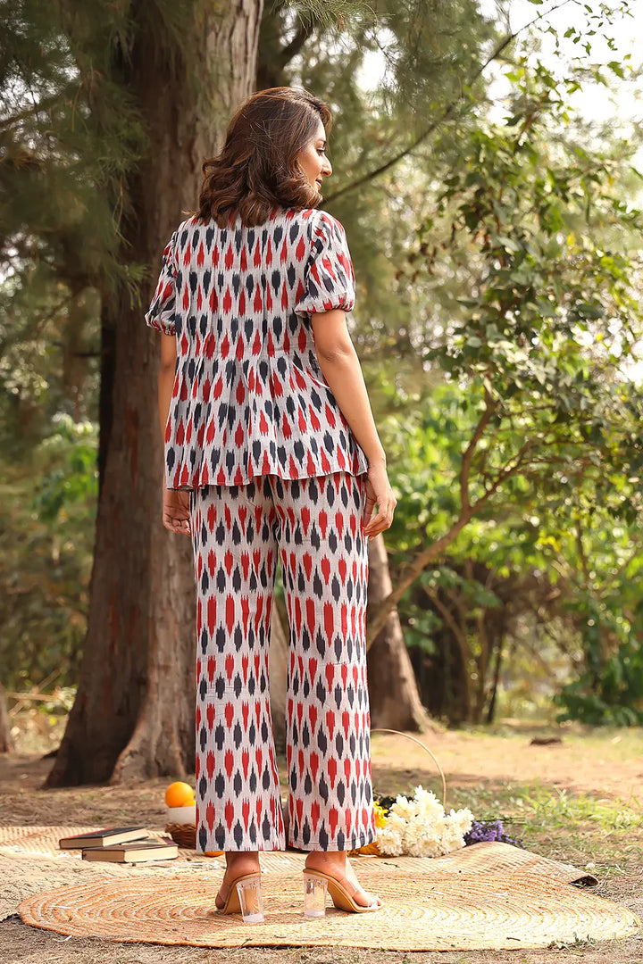 Red & Blue Pure Cotton Ikkat Co-ord Set | SHOBITAM