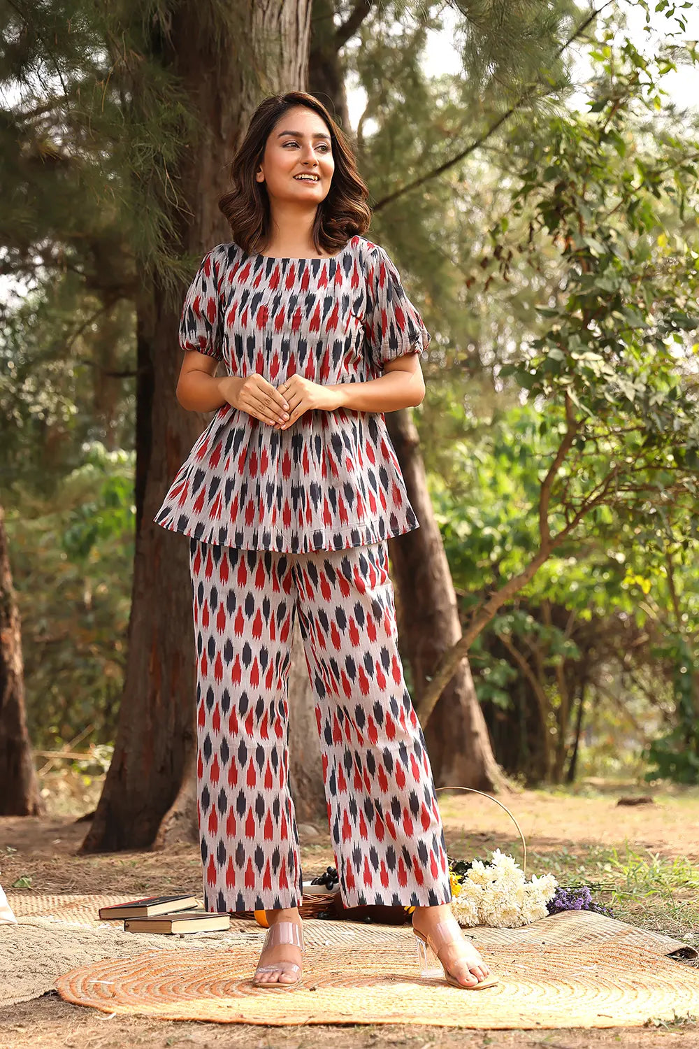 Red & Blue Pure Cotton Ikkat Co-ord Set | SHOBITAM