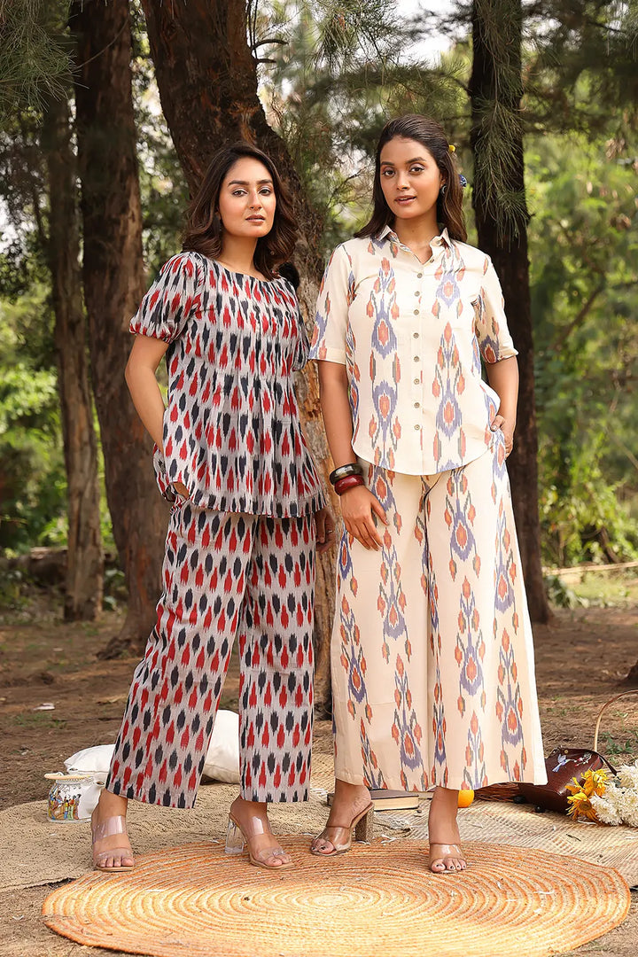 Cream Pure Cotton Ikkat Co-ord Set | SHOBITAM