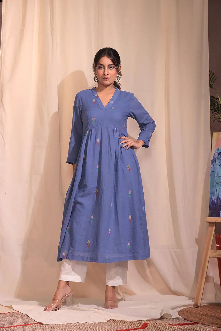 Handloom Sky Blue Pure Cotton Jamdani Kurta Set With Dupatta | SHOBITAM