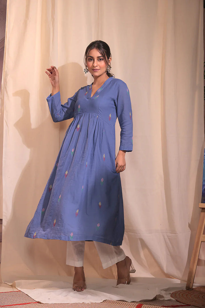 Handloom Sky Blue Pure Cotton Jamdani Kurta Set With Dupatta | SHOBITAM