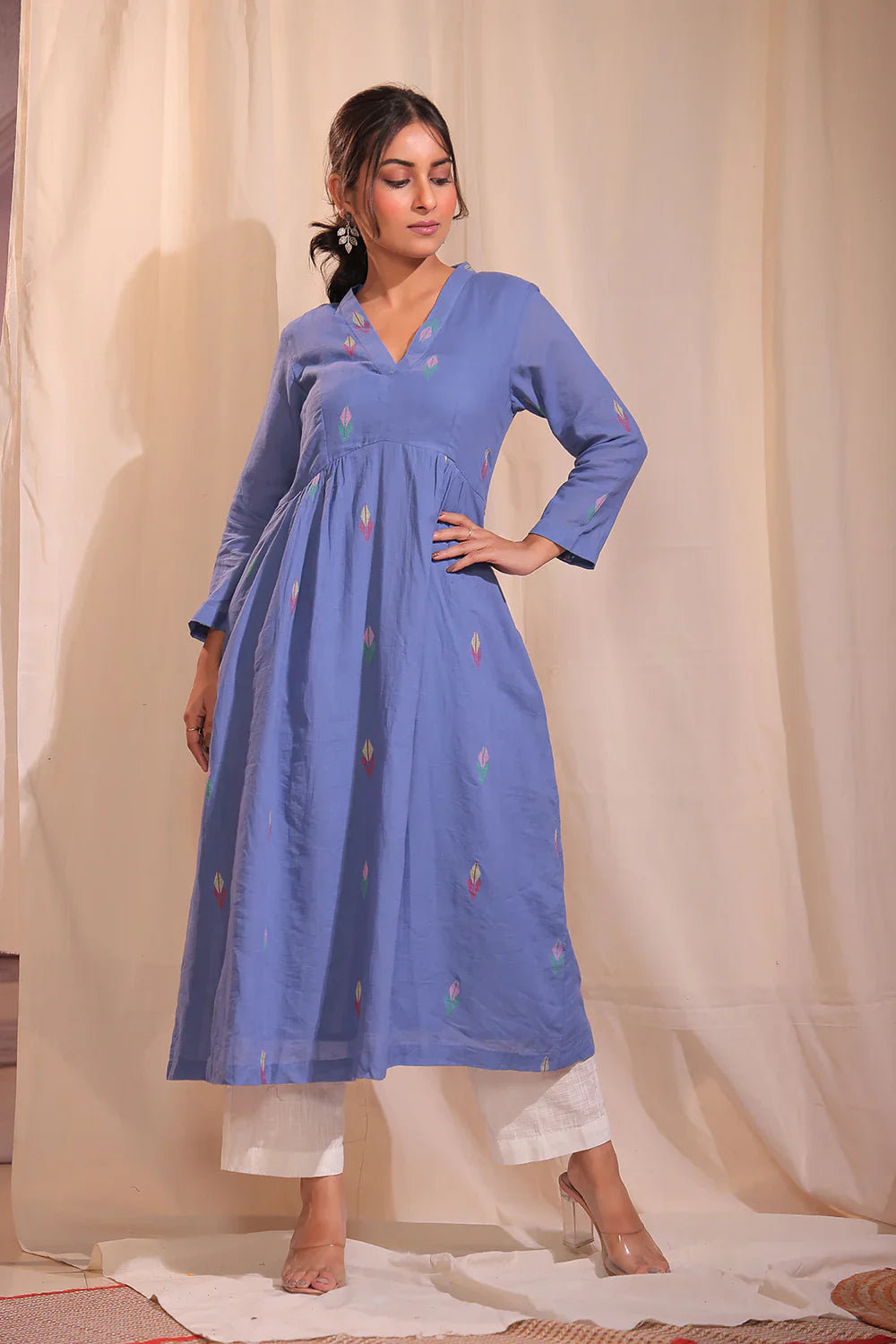 Handloom Sky Blue Pure Cotton Jamdani Kurta Set With Dupatta | SHOBITAM