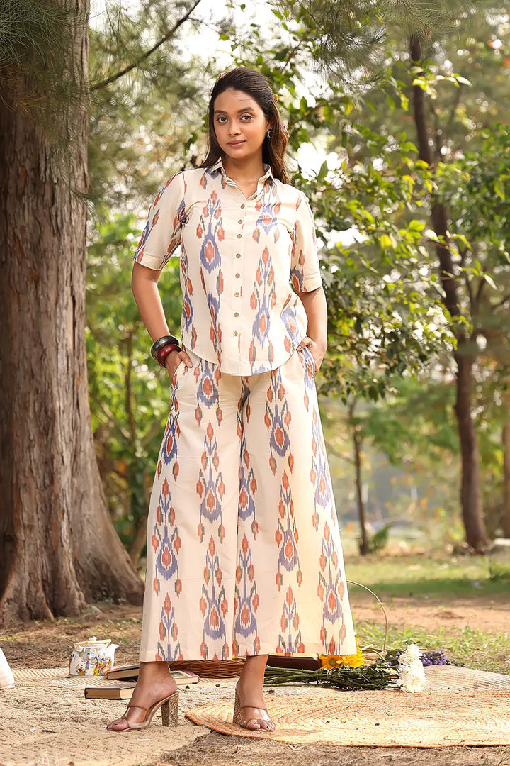 Cream Pure Cotton Ikkat Co-ord Set | SHOBITAM