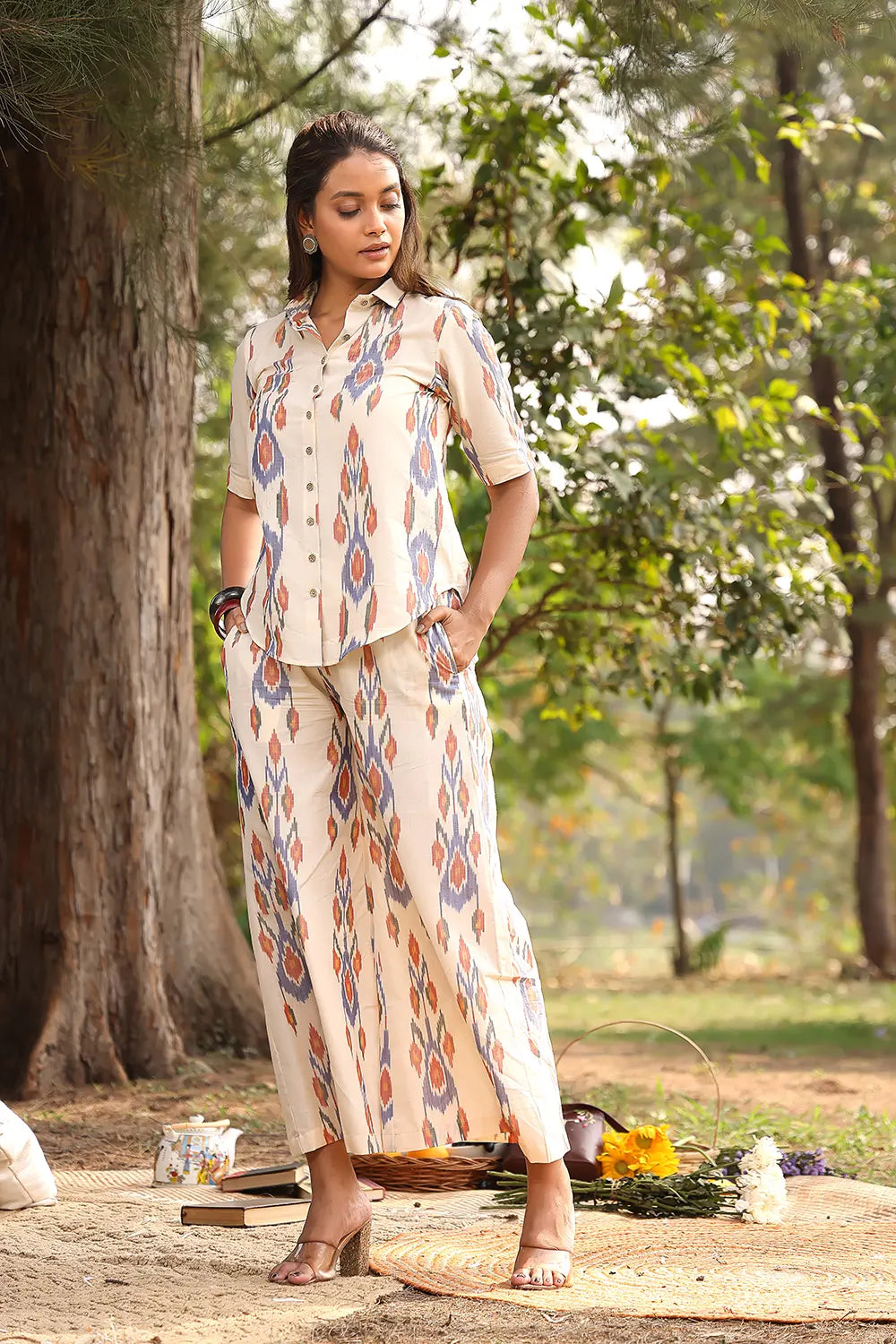 Cream Pure Cotton Ikkat Co-ord Set | SHOBITAM