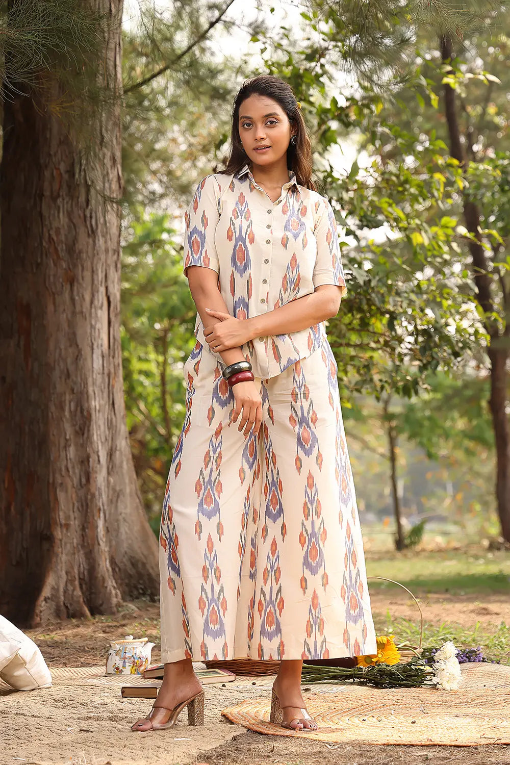 Cream Pure Cotton Ikkat Co-ord Set | SHOBITAM
