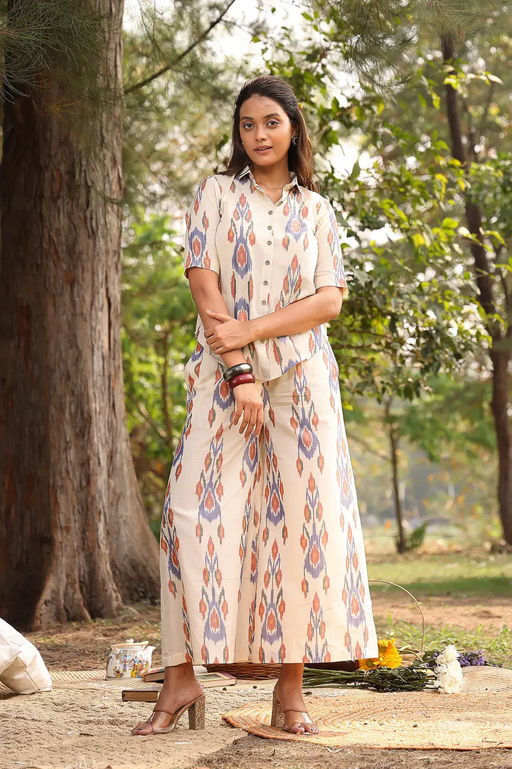 Cream Pure Cotton Ikkat Co-ord Set | SHOBITAM