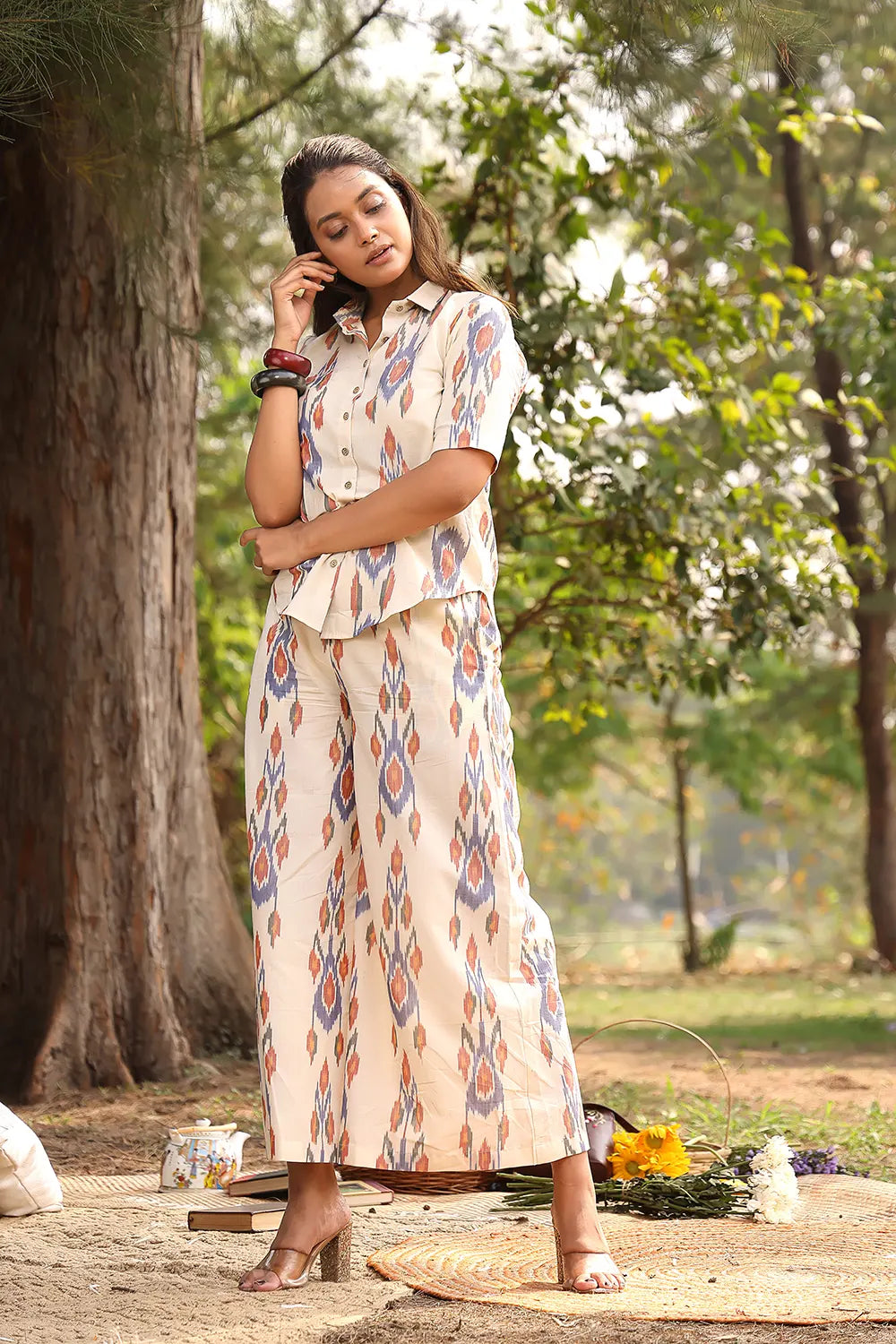 Cream Pure Cotton Ikkat Co-ord Set | SHOBITAM