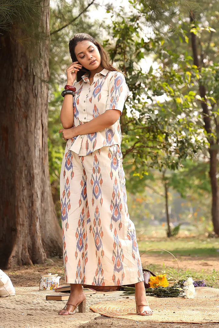 Cream Pure Cotton Ikkat Co-ord Set | SHOBITAM