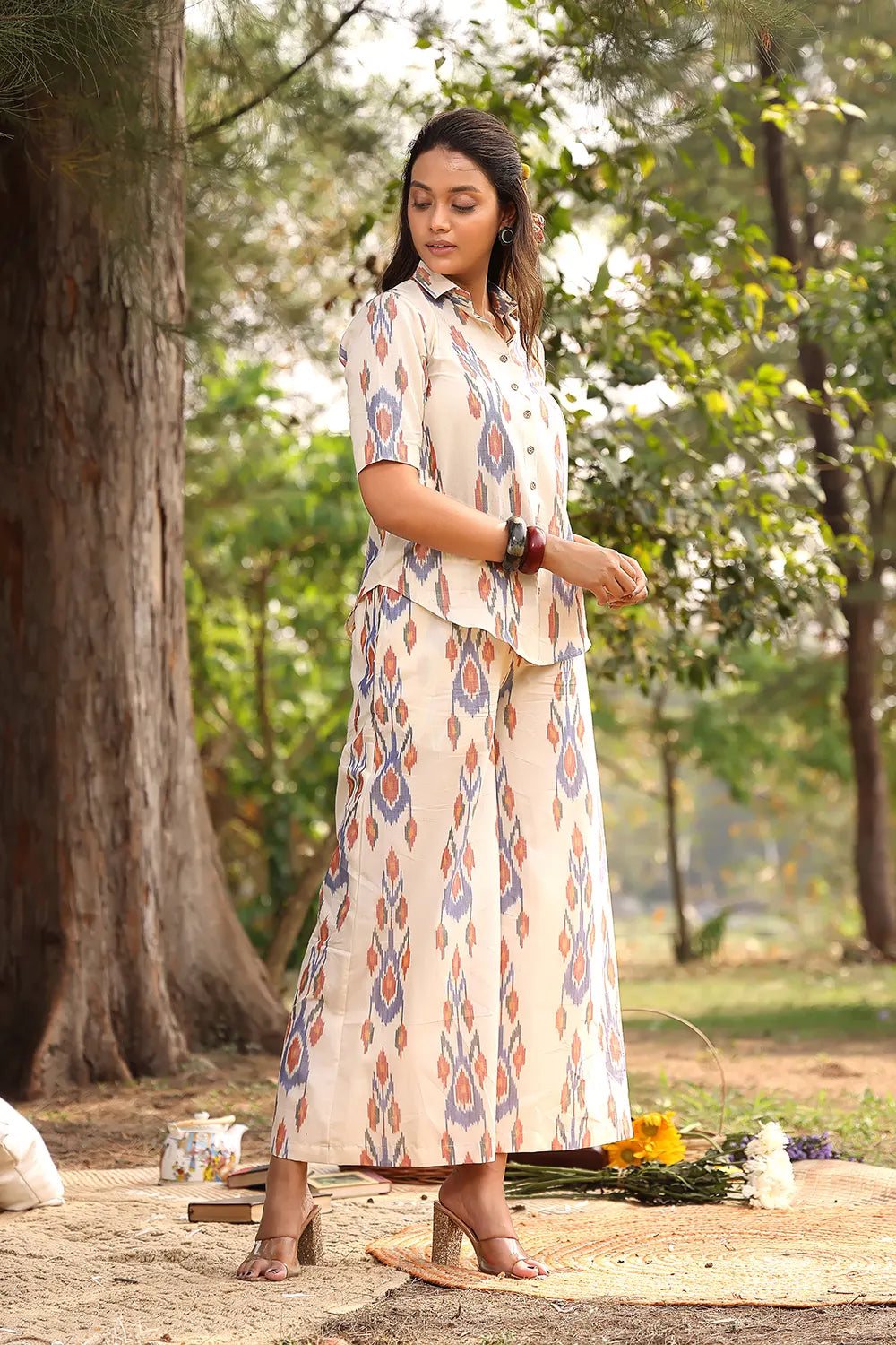 Cream Pure Cotton Ikkat Co-ord Set | SHOBITAM