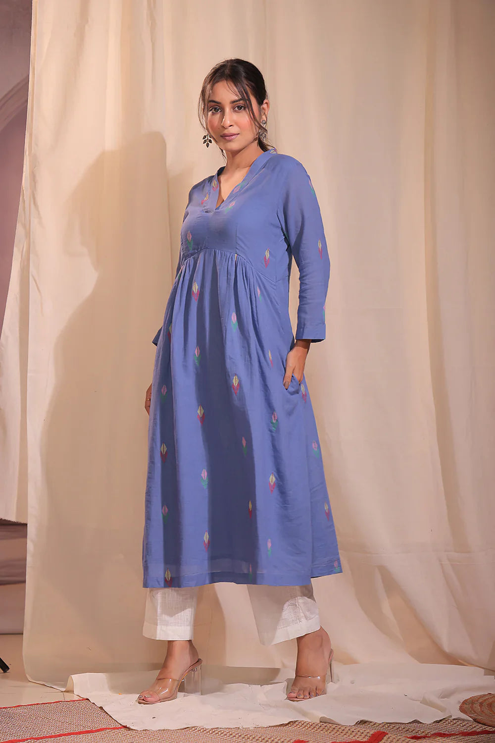 Handloom Sky Blue Pure Cotton Jamdani Kurta Set With Dupatta | SHOBITAM