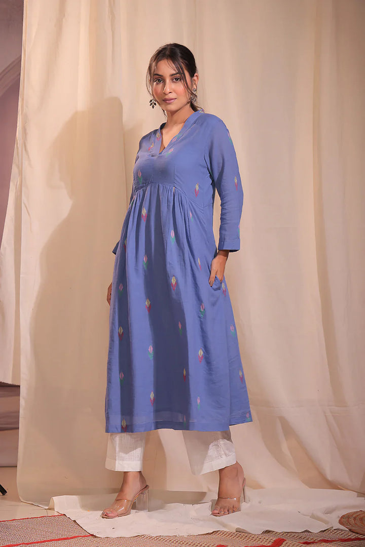 Handloom Sky Blue Pure Cotton Jamdani Kurta Set With Dupatta | SHOBITAM
