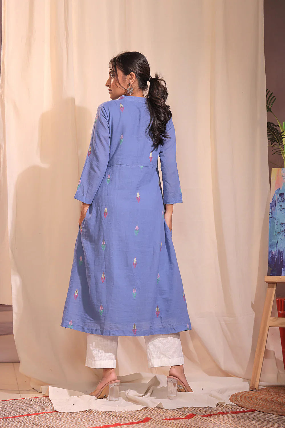 Handloom Sky Blue Pure Cotton Jamdani Kurta Set With Dupatta | SHOBITAM