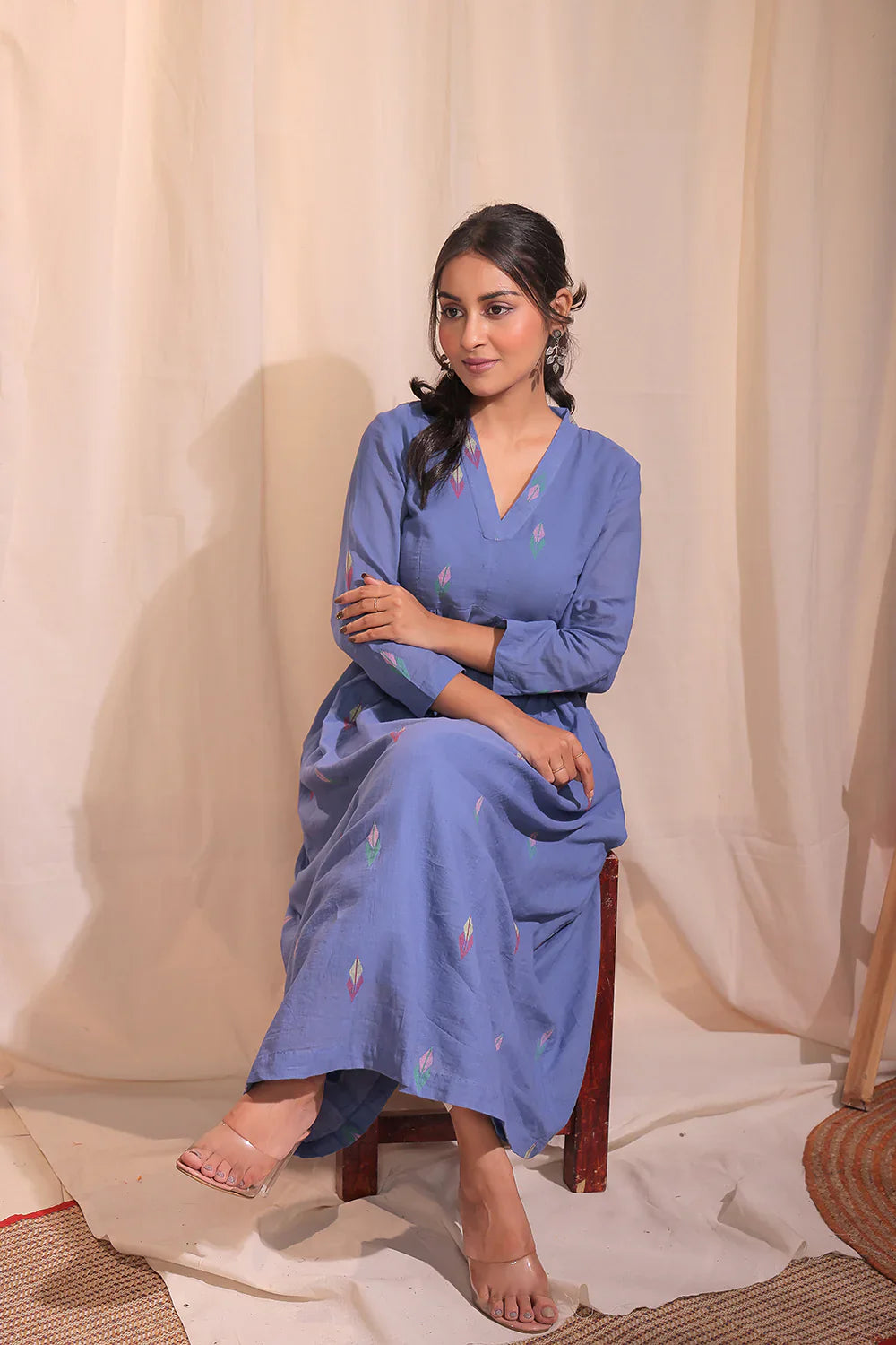 Handloom Sky Blue Pure Cotton Jamdani Kurta Set With Dupatta | SHOBITAM