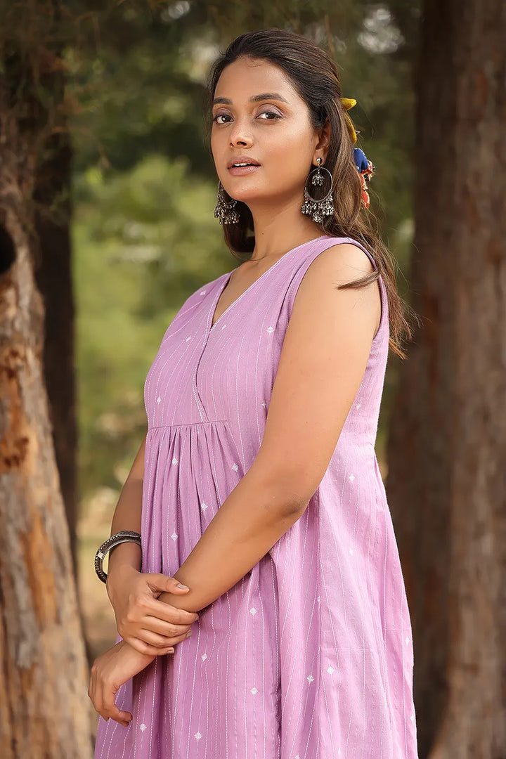 Lavender & White Pure Cotton Flared Co-ord Set | SHOBITAM