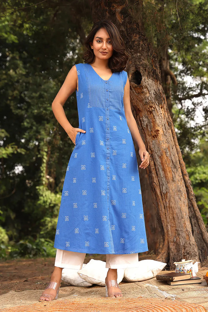 Blue Butterfly Woven Pure Cotton Co-ord Set | SHOBITAM