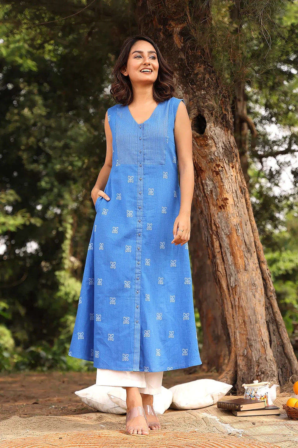 Blue Butterfly Woven Pure Cotton Co-ord Set | SHOBITAM