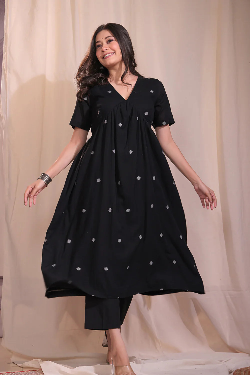 Handloom Black Pure Cotton Jamdani Flared Kurta Set With Dupatta | SHOBITAM