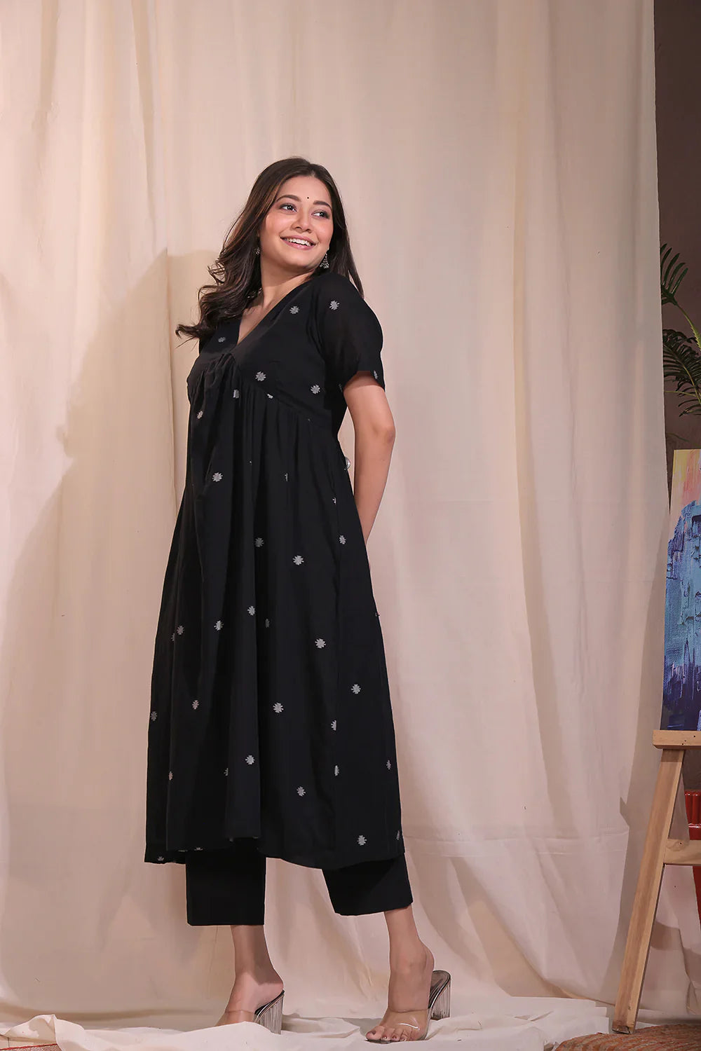 Handloom Black Pure Cotton Jamdani Flared Kurta Set With Dupatta | SHOBITAM