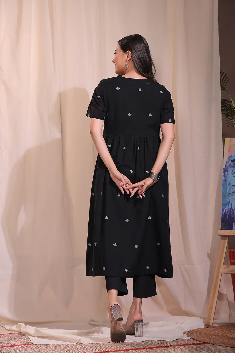 Handloom Black Pure Cotton Jamdani Flared Kurta Set With Dupatta | SHOBITAM