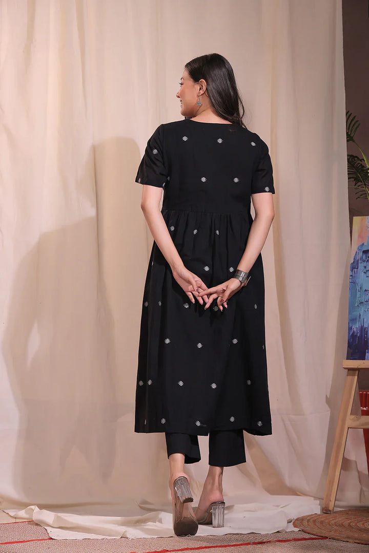 Handloom Black Pure Cotton Jamdani Flared Kurta Set With Dupatta | SHOBITAM