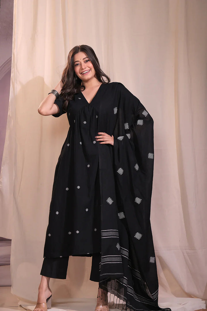Handloom Black Pure Cotton Jamdani Flared Kurta Set With Dupatta | SHOBITAM