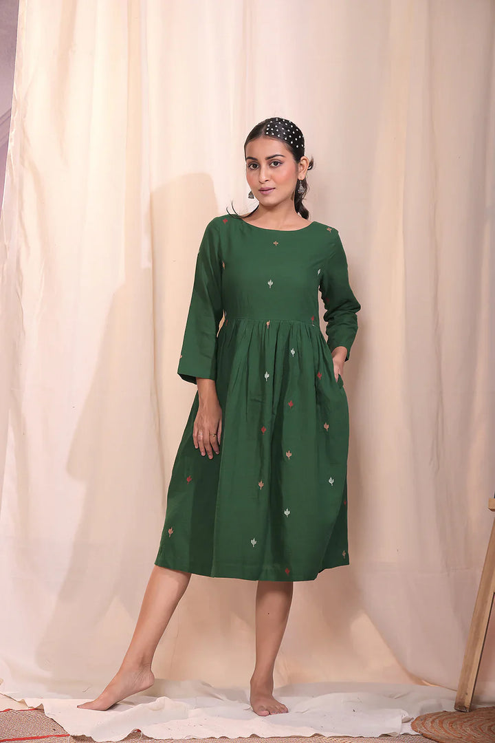 Forest Blossom Green Jamdani Dress | SHOBITAM